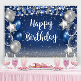 Blau Und Silber Stern Ballon Glücklich Geburtstag Hintergrund